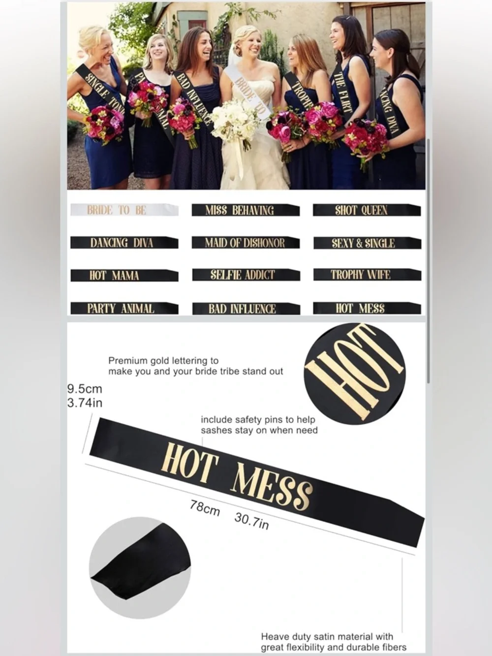Bridal Party Sash Set in Black, White & Gold - 12 Bachelorette Sashes